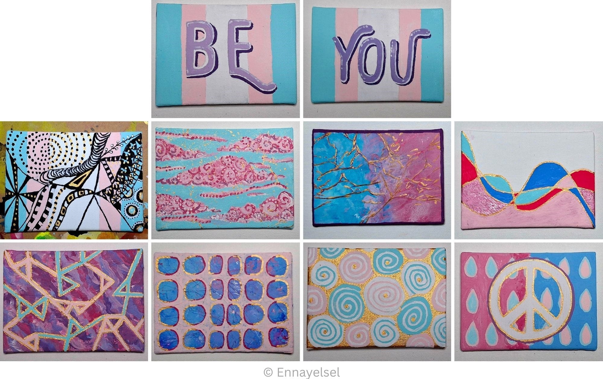 A 10-piece mini art series on trans joy. Descriptions of the works: 1. Radiant Defiance: We Can Fight This A bold abstract pattern symbolising trans resilience. The gold represents strength and hope. We are here. We are strong. We will not be silenced. (1/8) 2. We Rise Together A love letter to the trans community. You are seen, valued, and never alone. From one fierce mama to many brave souls. Together, we rise. (2/8) 3. Strong Together This textured piece carries gold-lined affirmations of unity and belonging. You are loved. You belong. We are stronger when we lift each other. (3/8) 4. Waves of Becoming Evokes the fluid journey of self-discovery and identity. A celebration of growth and the beauty of becoming. (4/8) 5. Whatever It Takes Survival is not a choice. It's a necessity. Joy is resistance, proof of existence. This piece honours the fight to live fully and authentically. (5/8) 6. Unyielding A celebration of our unwavering truth. No force can break this joy. We are here, we are whole, we are unyielding. (6/8) 7. Joy of Self Spirals of self-discovery, growth, and affirmation. Embracing yourself fully, without hesitation or fear. (7/8) 8. Flood of Peace Like Rain Like rain nourishes the earth, peace and joy nourish us. This piece is about collective healing, strength, and flooding the world with kindness. (8/8) 9. Be A quiet yet powerful affirmation. Be. 10. You A companion to Be. A reminder that You are enough, always.