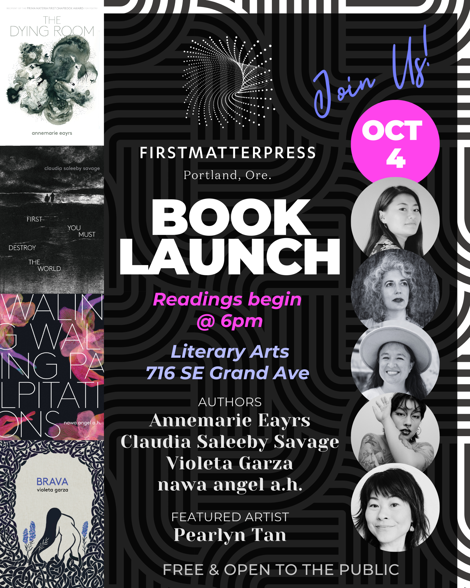 First Matters Press Book Launch poster with four authors, including nawa angel and Waling waling palpitations. Oct 4th, Portland, Oregon, Readings begin at 6pm. Literary Arts, 716 SE Grand Ave. Free and open to the public.