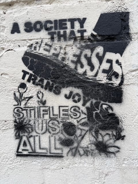Black stencil on a white wall that reads A Society that represses trans joy stifles us all, with a boot raised above a bunch of different flowers