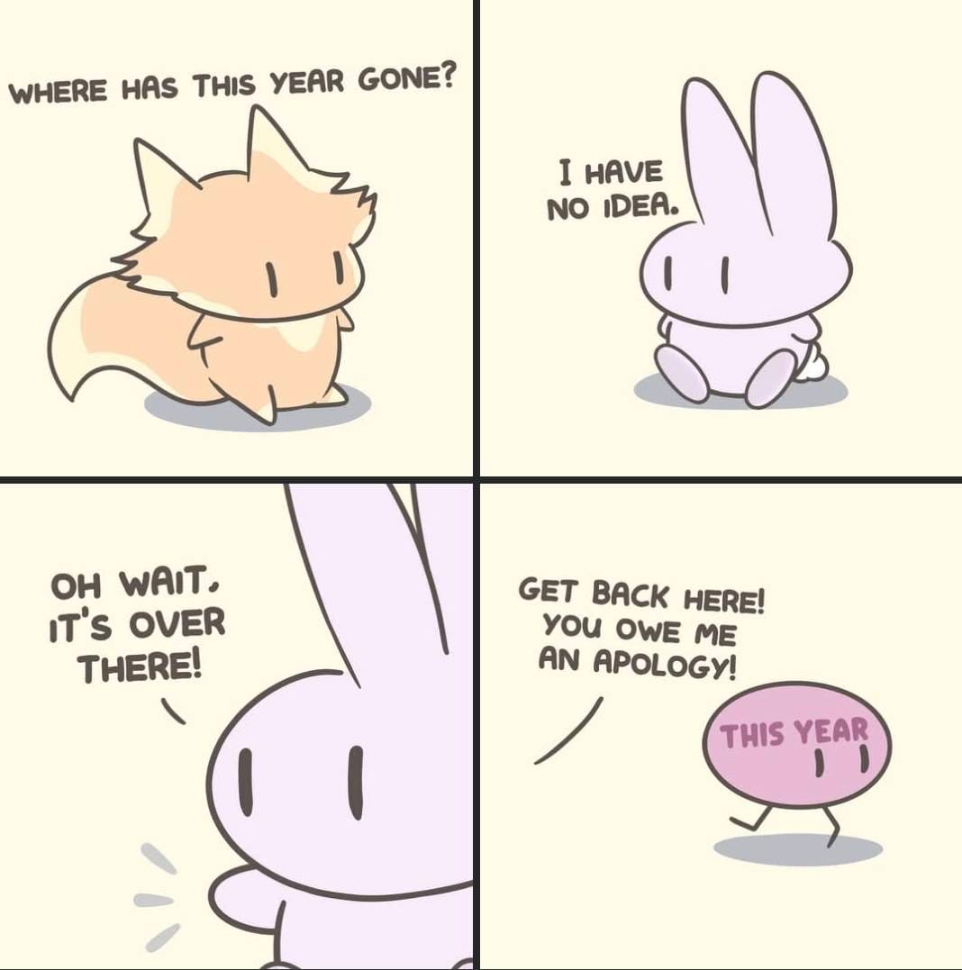 four frames. first frame has a fox asking where has the year gone? second frame: rabbit saying no idea. third frame: rabbit saying oh wait it's over there! fourth frame: a small blob running labeled this year, with get back here! you owe me an apology! off screen 
