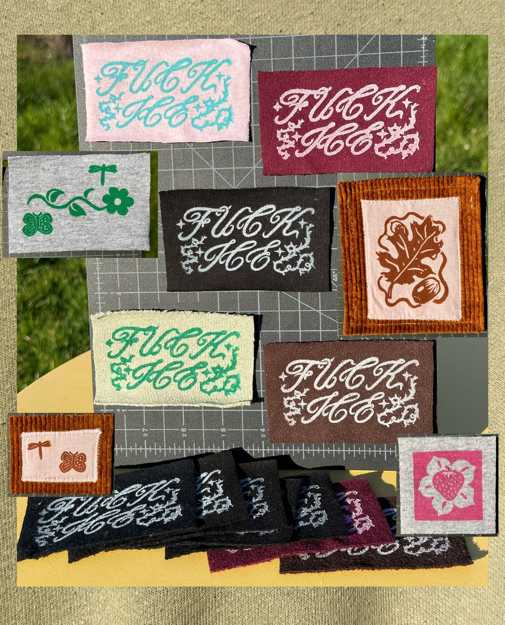 Colorful patches with linoprint designs that say Fuck Ice in fancy script surrounded by barbed wire thorns. There are also two patches with nature designs.