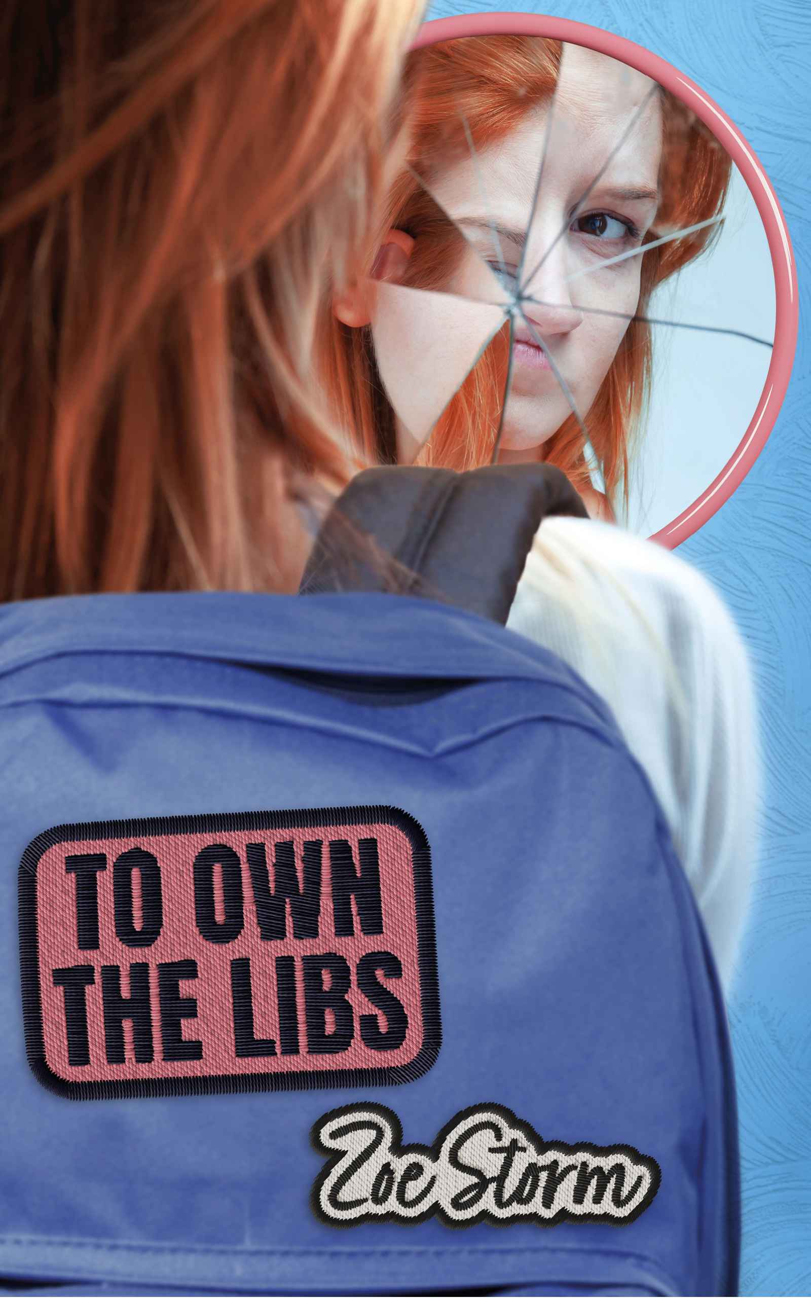 cover of To Own the Libs by Zoe Storm of a redheaded white fem-presenting person looking in a splintered mirror