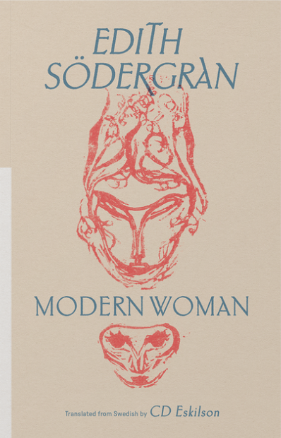 Cover of Edith Sodergran's Modern Woman, translated from Swedish by CD Eskilson. Blue letters and a red abstract face design on the cover.