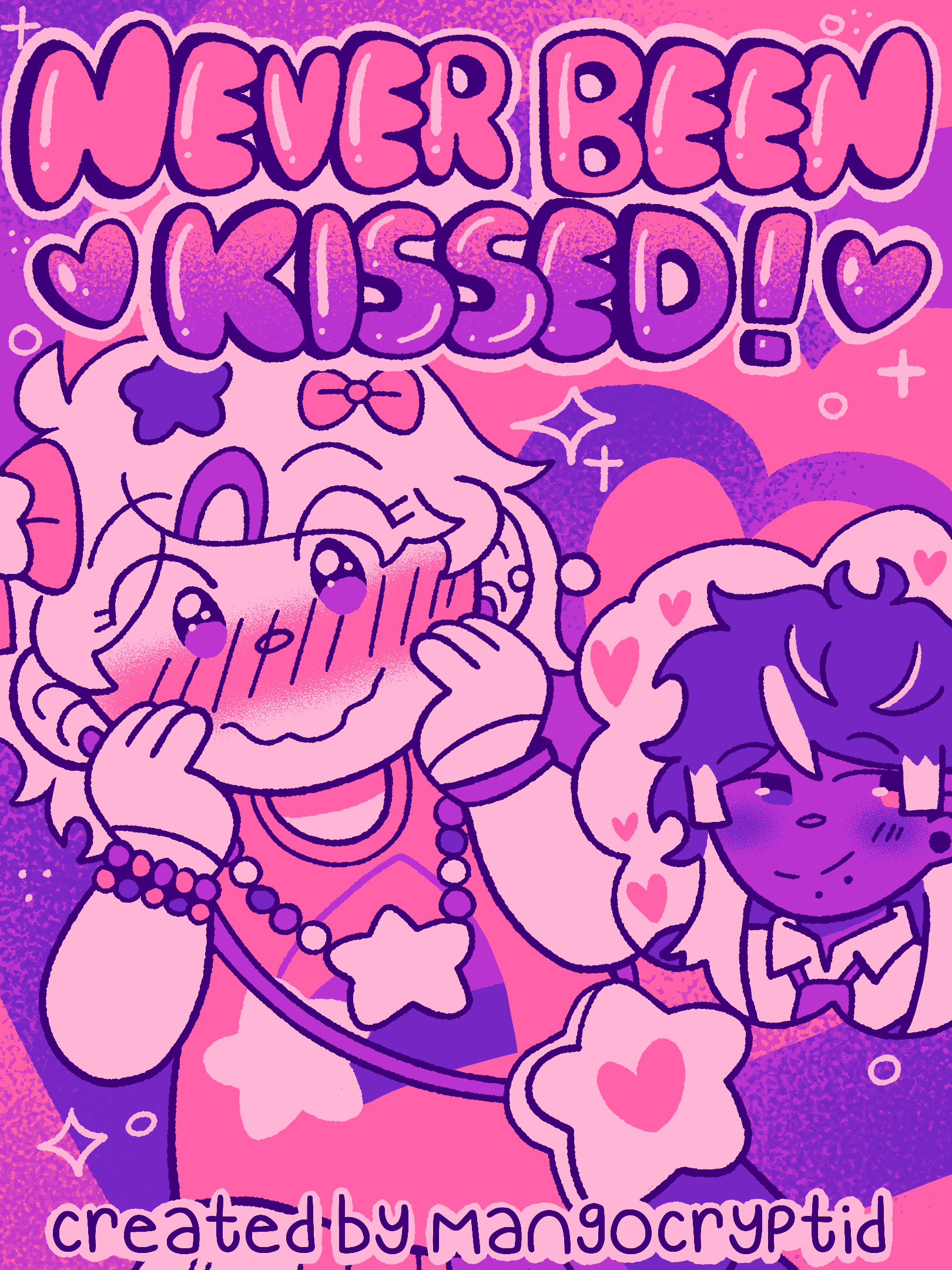 The cover image for my comic called "Never Been Kissed", featuring my transfemme OC Taffy thinking about her transmasc boyfriend Licorice. 